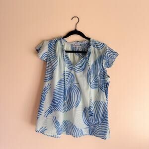 Vineyard Vines Crystal Blue Leaf Print Gauzy Tassel Top Large Coastal Beach
